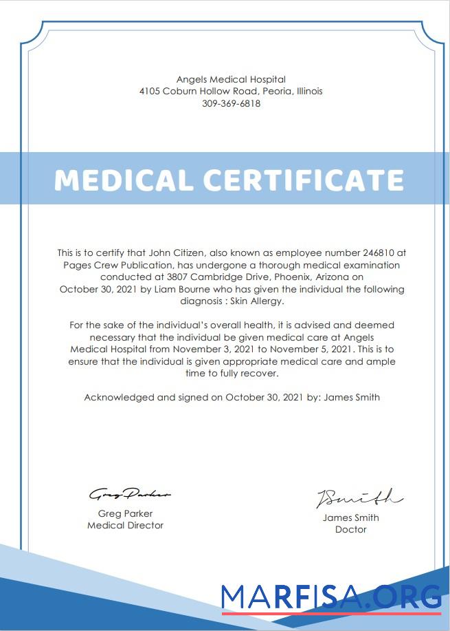 Blank USA Hospital Medical cert sample